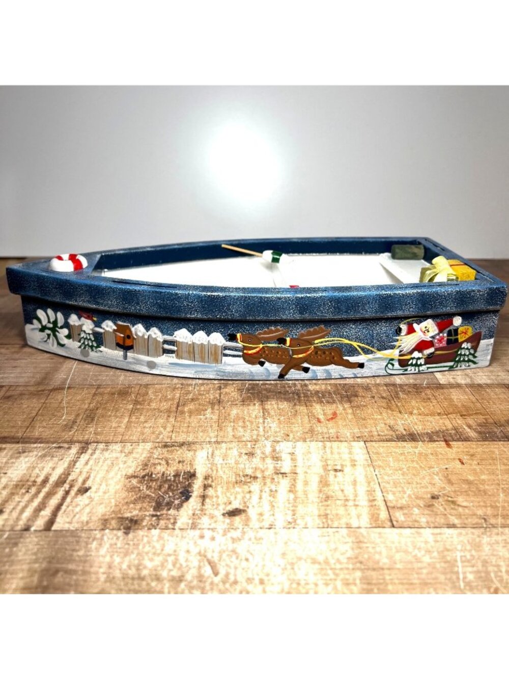 Hand-Painted Wooden Boat Shelf Christmas-Themed Design Santa Sleigh & Reindeer